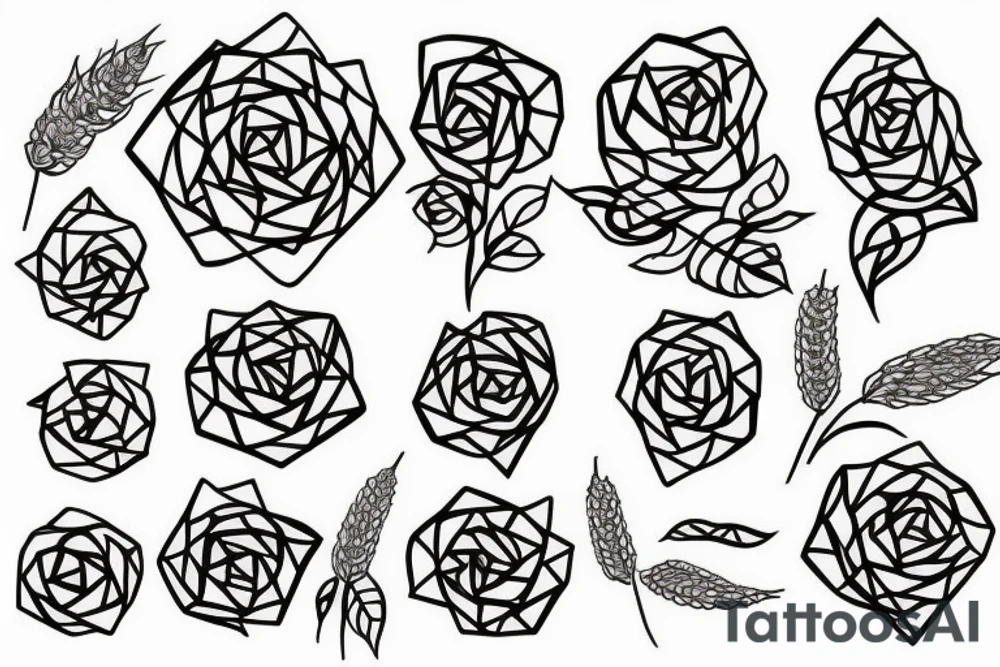 geometric rose with snake and wheat tattoo idea