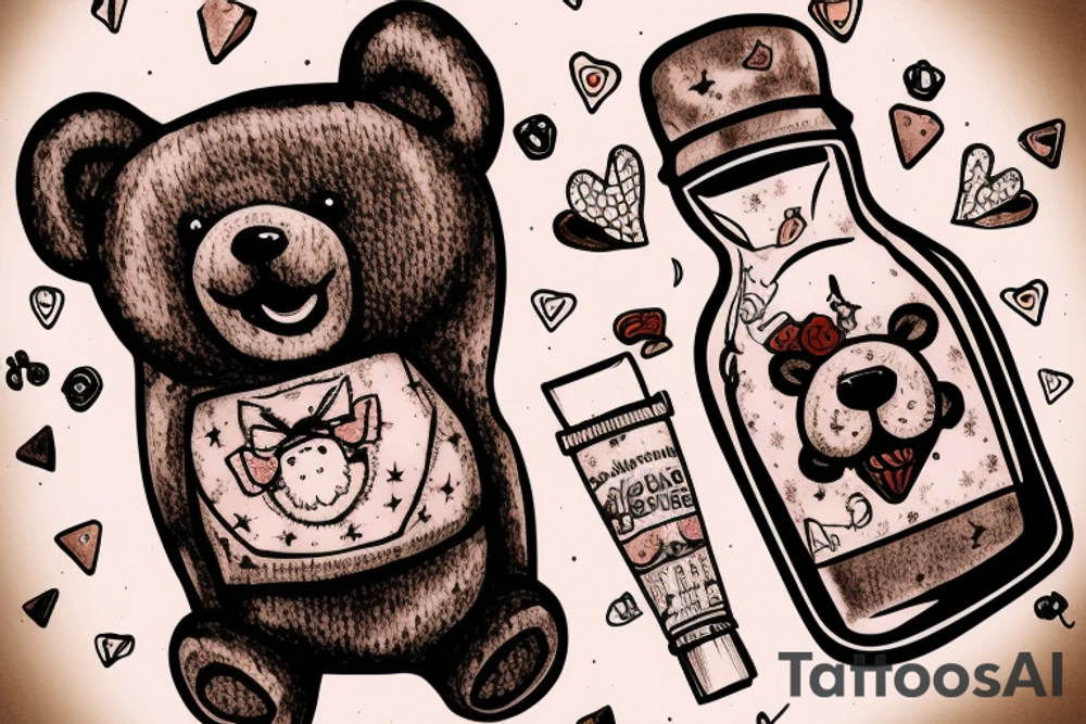 Teddybear Inside a bottel, scary, blood tattoo idea