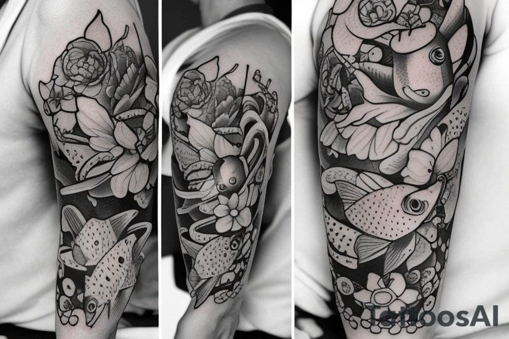 Fish and flowers cute tattoo idea
