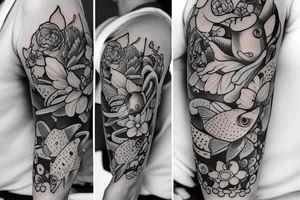 Fish and flowers cute tattoo idea