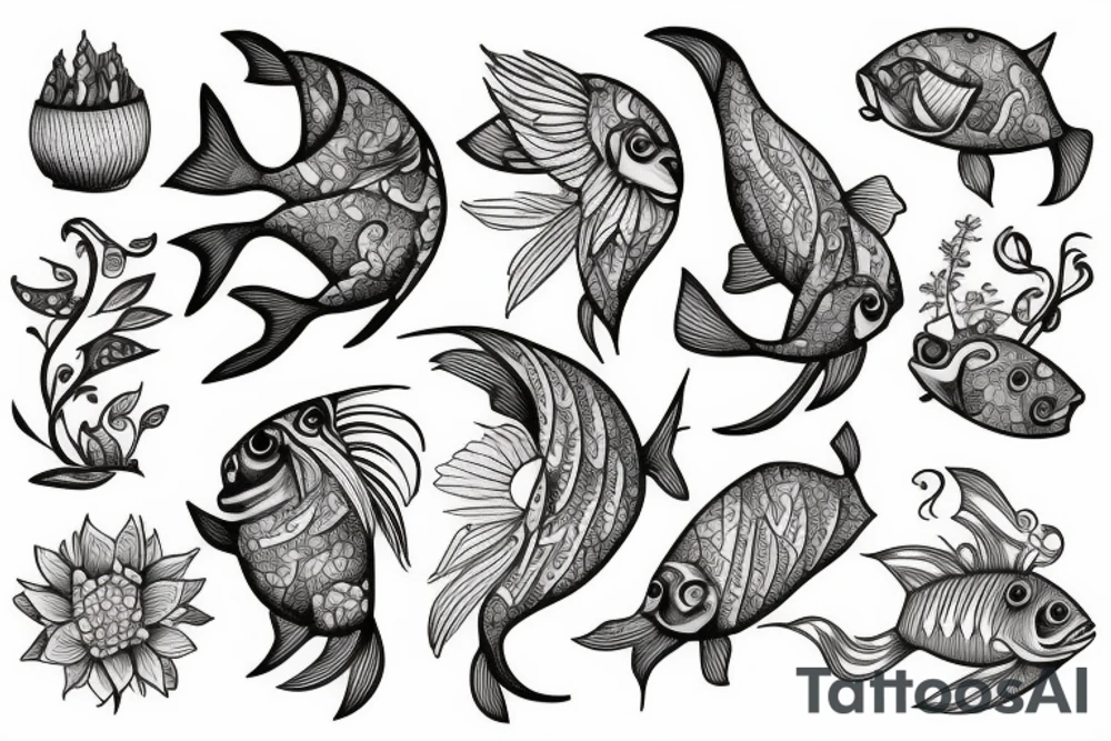 Fish and flowers cute tattoo idea