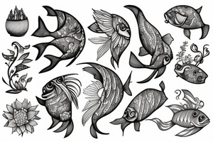 Fish and flowers cute tattoo idea