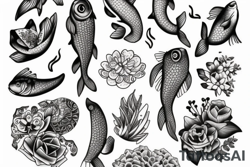 Fish and flowers cute tattoo idea