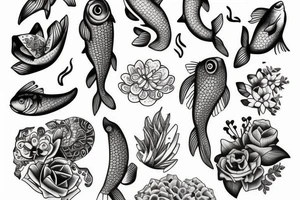 Fish and flowers cute tattoo idea