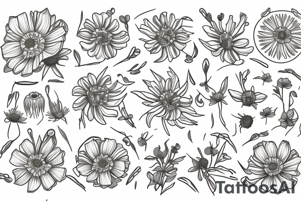 Cosmos, Lilly of the valley, and aster flowers tattoo idea
