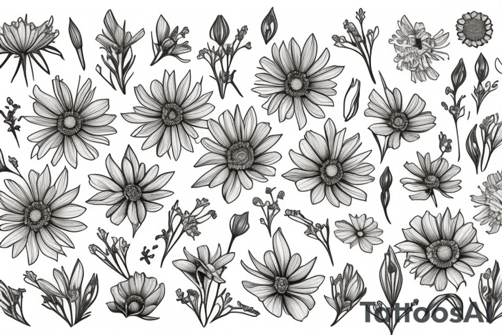 Cosmos, Lilly of the valley, and aster flowers tattoo idea