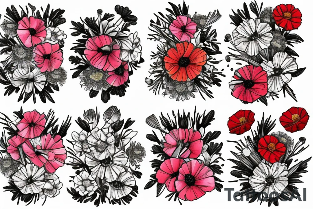 A bouquet of cosmos, poppy, chrysanthemum, Gladiolus, and marigolds tattoo idea