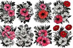A bouquet of cosmos, poppy, chrysanthemum, Gladiolus, and marigolds tattoo idea