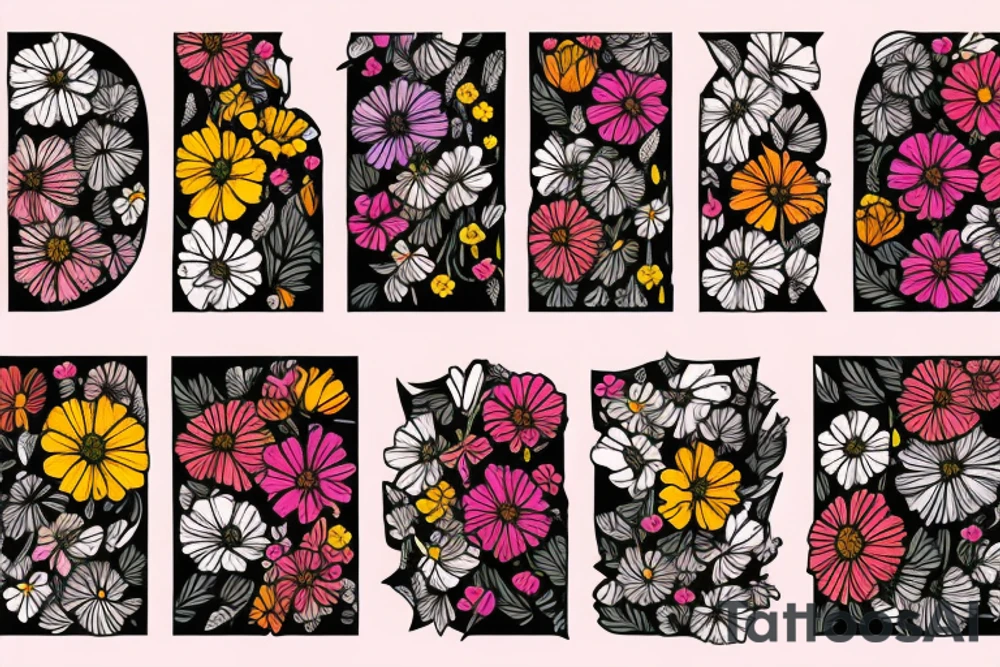 A bouquet of cosmos, poppy, chrysanthemum, Gladiolus, and marigolds tattoo idea