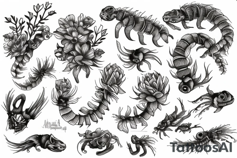 centipede hidden among flowers tattoo idea