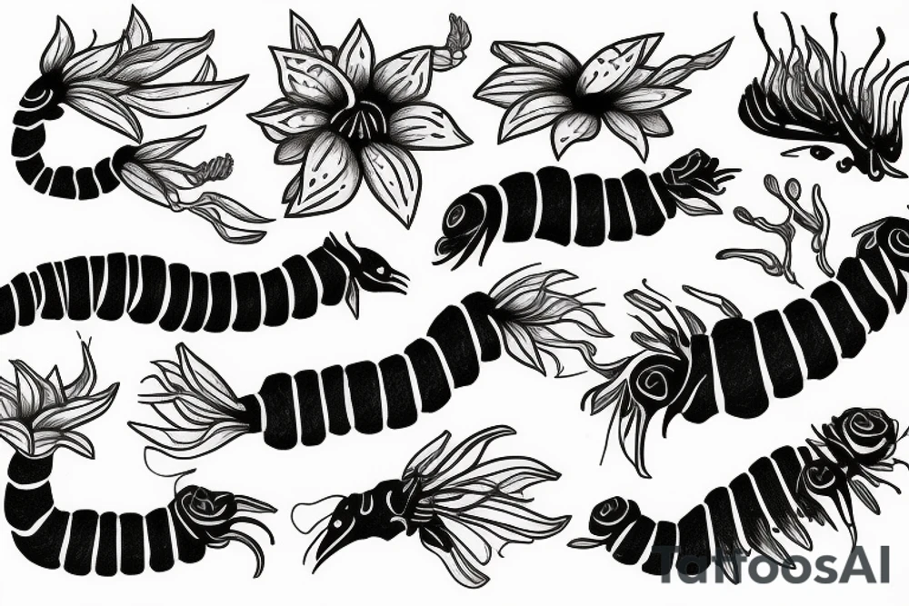 centipede hidden among flowers tattoo idea