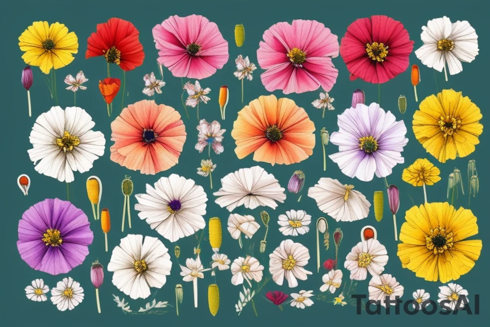 A bouquet of cosmos, poppy, chrysanthemum, Gladiolus, and marigolds tattoo idea