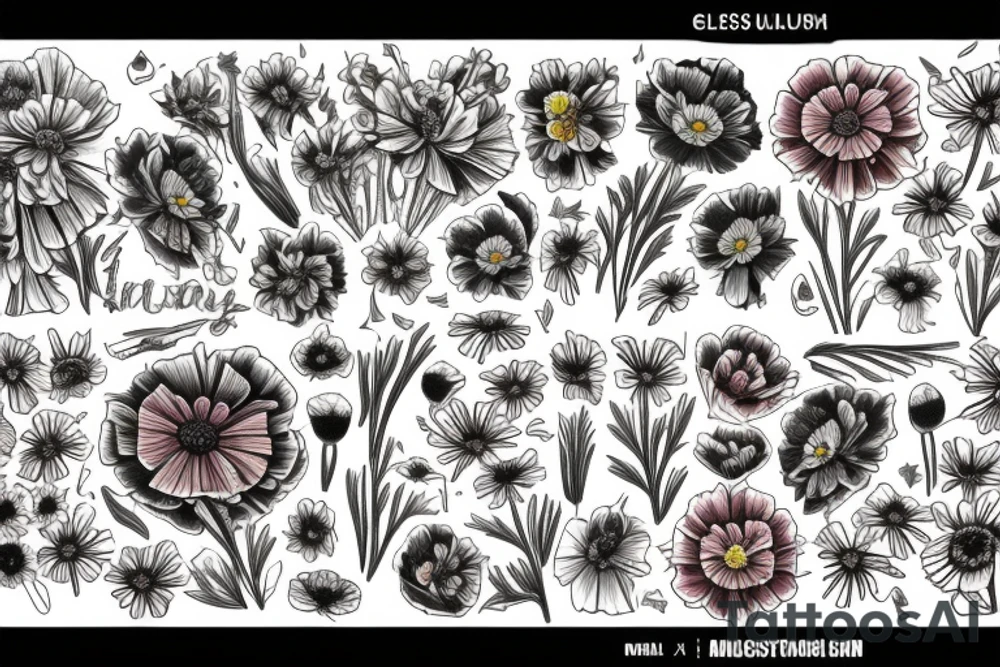 A bouquet of cosmos, poppy, chrysanthemum, Gladiolus, and marigolds tattoo idea