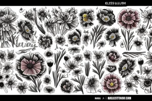 A bouquet of cosmos, poppy, chrysanthemum, Gladiolus, and marigolds tattoo idea