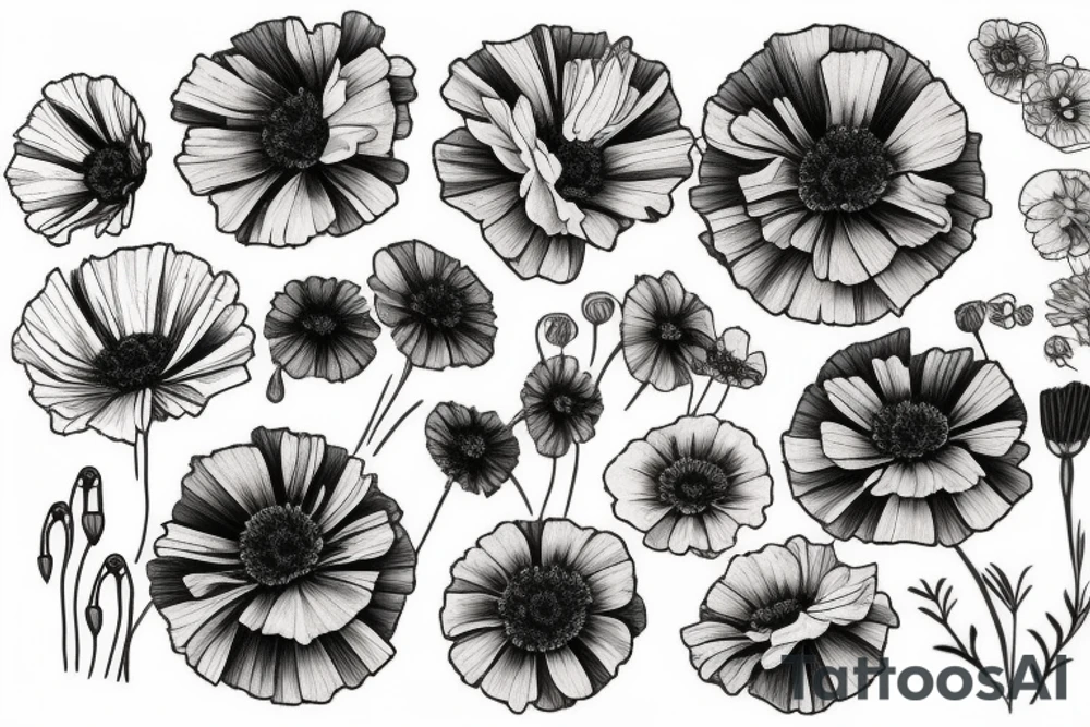 A bouquet of cosmos, poppy, chrysanthemum, Gladiolus, and marigolds tattoo idea