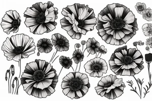 A bouquet of cosmos, poppy, chrysanthemum, Gladiolus, and marigolds tattoo idea