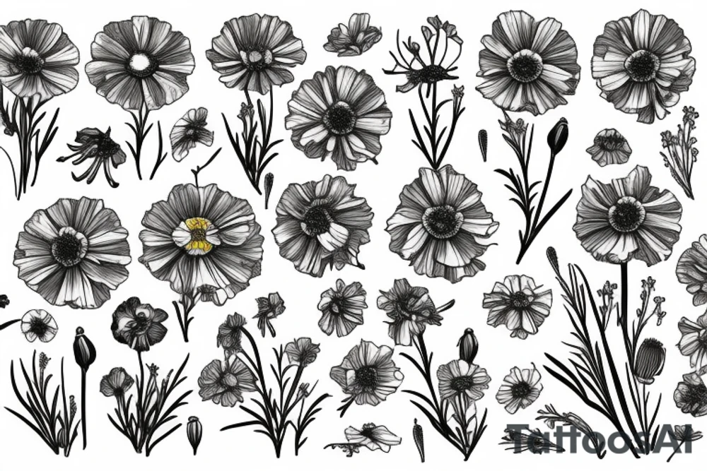 A bouquet of cosmos, poppy, chrysanthemum, Gladiolus, and marigolds tattoo idea