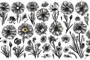 A bouquet of cosmos, poppy, chrysanthemum, Gladiolus, and marigolds tattoo idea