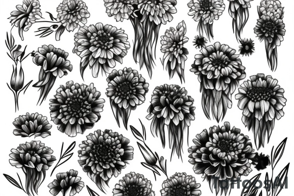 A bouquet of flowers with chrysanthemum, Gladiolus, and marigolds tattoo idea