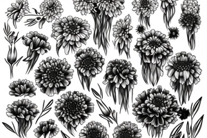 A bouquet of flowers with chrysanthemum, Gladiolus, and marigolds tattoo idea