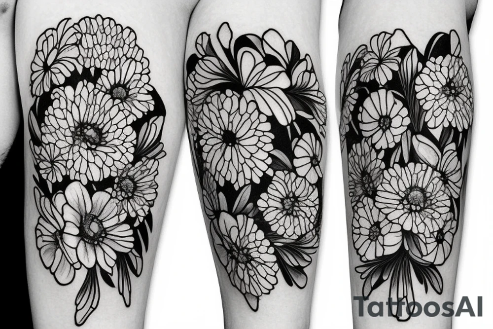 A bouquet of flowers with chrysanthemum, Gladiolus, and marigolds tattoo idea