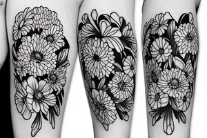 A bouquet of flowers with chrysanthemum, Gladiolus, and marigolds tattoo idea