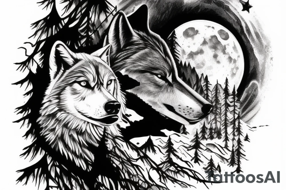 Silver moon over mountain at night with howling wolf tattoo idea Silver moon over mountain at night with howling wolf tattoo idea