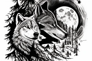 Silver moon over mountain at night with howling wolf tattoo idea