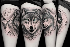 Silver moon over mountain at night with howling wolf tattoo idea