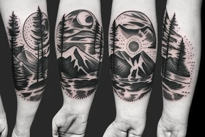 Silver moon over mountain at night with howling wolf tattoo idea