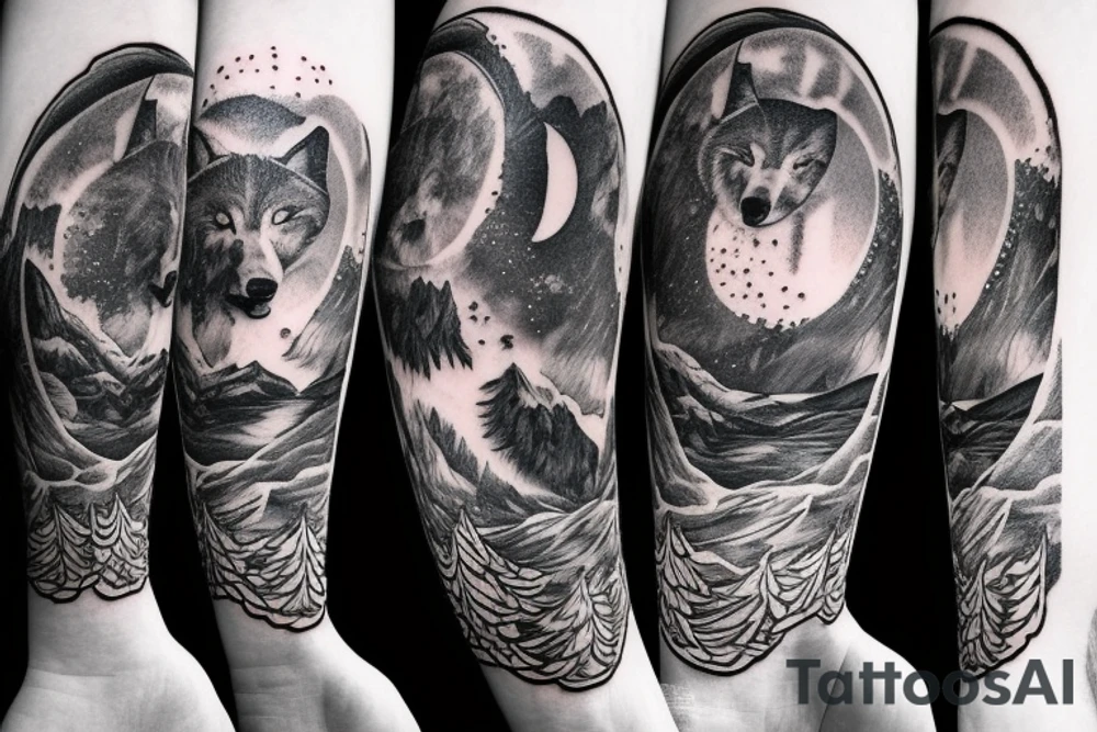 Silver moon over mountain at night with howling wolf on arm and left chest tattoo idea