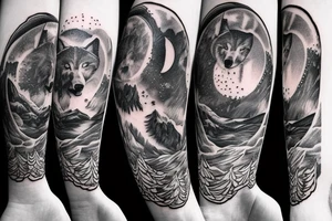 Silver moon over mountain at night with howling wolf on arm and left chest tattoo idea