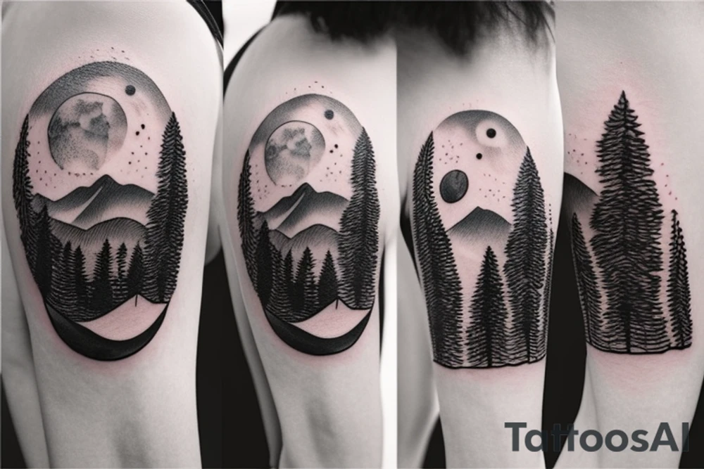 Silver moon over mountain at night with howling wolf on arm and left chest tattoo idea