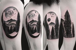 Silver moon over mountain at night with howling wolf on arm and left chest tattoo idea