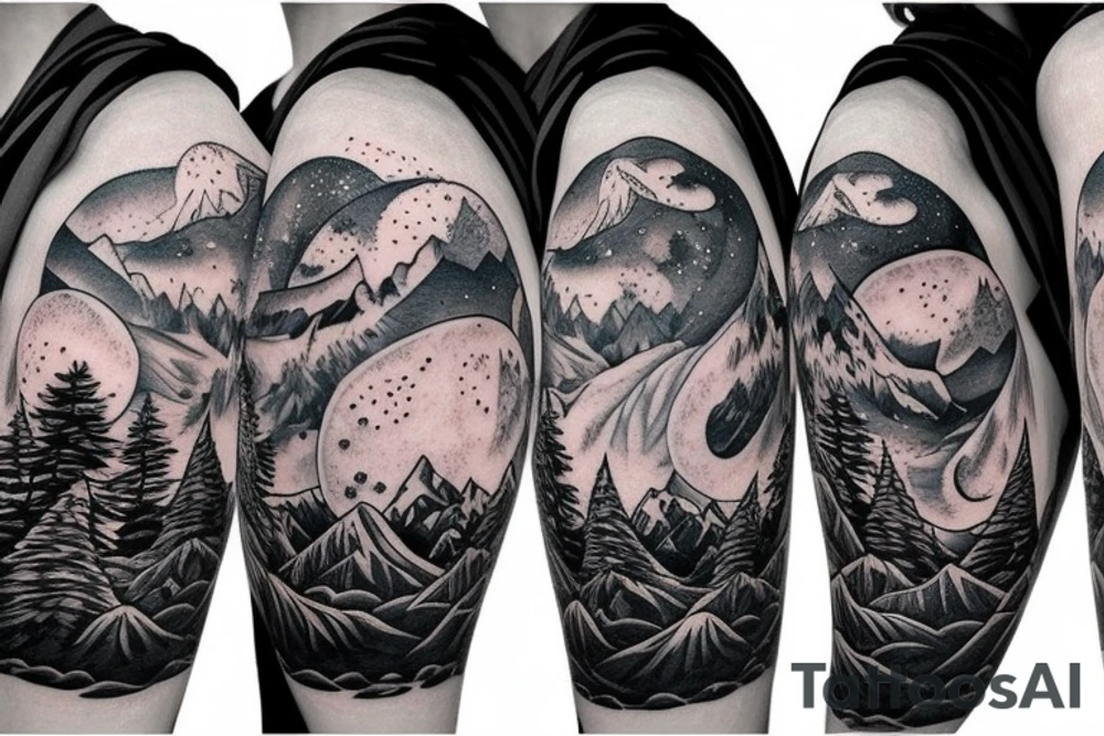 Silver moon over mountain at night with howling wolf on arm and left chest tattoo idea