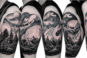 Silver moon over mountain at night with howling wolf on arm and left chest tattoo idea