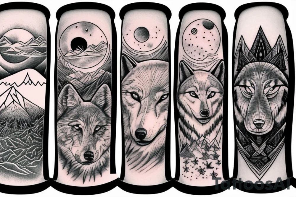 Silver moon over mountain at night with howling wolf on arm and left chest tattoo idea