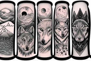 Silver moon over mountain at night with howling wolf on arm and left chest tattoo idea