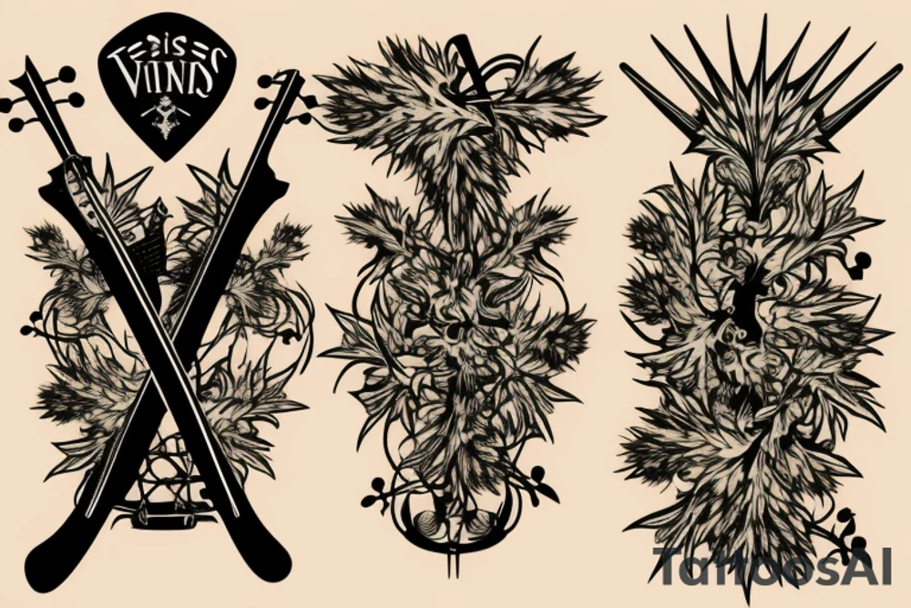 Vines and scotch thistle around a sword that is a guitar neck tattoo idea