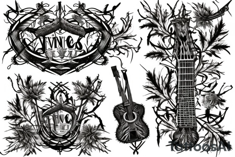 Vines and scotch thistle around a sword that is a guitar neck tattoo idea