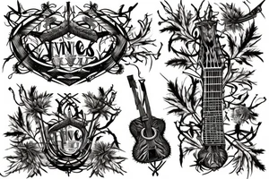 Vines and scotch thistle around a sword that is a guitar neck tattoo idea