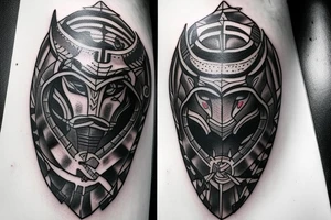Spartan warrior with a helmet  and an angty wolf head in a neo traditional tattoo style in black and gray tattoo idea