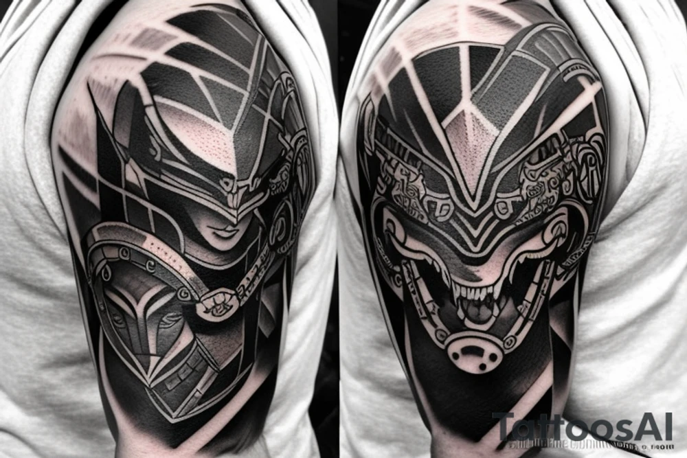 Spartan warrior with a helmet  and an angty wolf head in a neo traditional tattoo style in black and gray tattoo idea