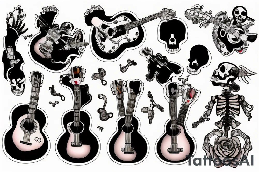 skeleton playing guitar tattoo idea