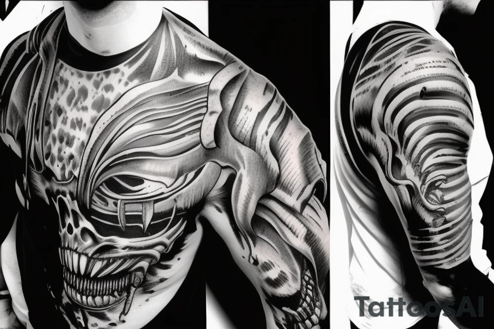 Xenomorph shoulder cover up black and grey tattoo idea