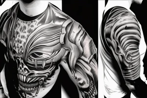 Xenomorph shoulder cover up black and grey tattoo idea