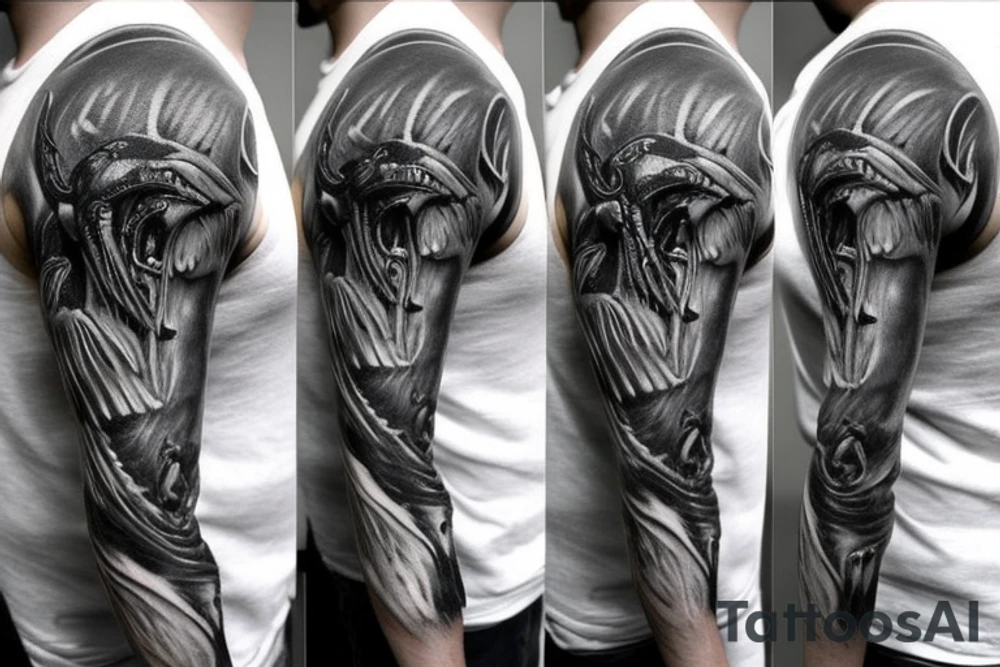 Xenomorph shoulder cover up black and grey tattoo idea