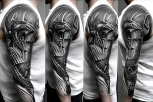 Xenomorph shoulder cover up black and grey tattoo idea
