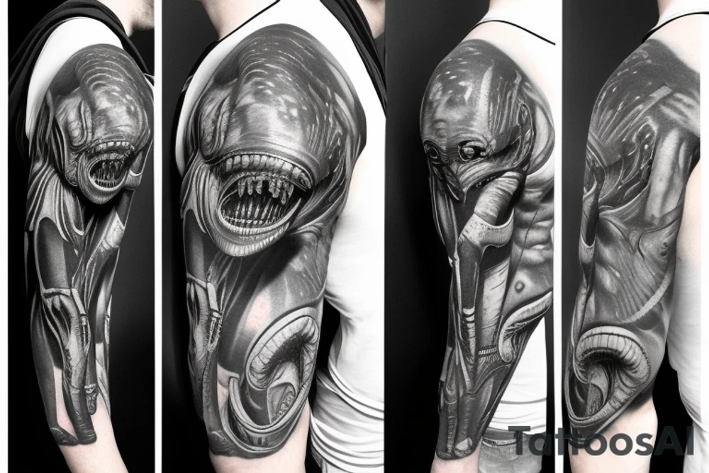 Alien xenomorph shoulder cover up black and grey tattoo idea