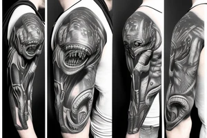 Alien xenomorph shoulder cover up black and grey tattoo idea